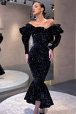 Occassional Black Sequined Off Shoulder Mermaid Long