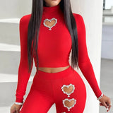 Piece Sets Wome Sexy Solid Pant Set Turtleneck Full Sleeve Slim Fit Tops Hollow Out High Waist Long Pants Sheath 2024-Outfit