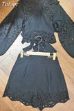 Sexy Patchwork Lace Two Piece Set For Women Round Neck Long Sleeve Tops High Waist Shorts Cut Out Sets Female 2023