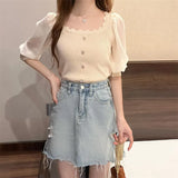 Korean Version Of The Small Fragrant Collarbone Design Shirt Short Bubble Sleeve Ice Silk Knitted Short-Sleeved T-Shirt