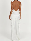 Satin Backless Spaghetti Strap Long Dress for Women Sexy Backless 3D Flower Tassels Dress Party Cocktail Y2K Vestidos-Outfit