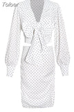 Slim Polka Dots Two Piece Set For Women V Neck Long Sleeve Bowknot Shirt High Waist Mini Skirts Colorblock Sets Female