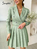 Party Elegant a-line pleated two piece suit sets women Office lady v-neck button mini skirt set lapel Spring crop blazer