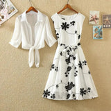 Suit Women's Fashion 2022 Summer New Korean Bandage Retro Sleeveless Printed Chiffon Dresses Chiffon Blouse Two-Piece