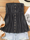 Smocked Strapless Bandeau Button Tank Fashion Bodycon Tank Top Sleeveless Elastic Chest Sexy T-Shirt Tank