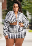 Plus Size Black And White Print Long Sleeve Crop Top And Skirt