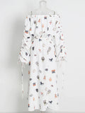 TWOTWINSTYLE Loose Print Two Piece Set Women Slash Neck Lantern Sleeve Tops High Waist Midi Skirt Colorblock Sets Female