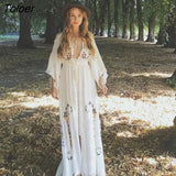 Embroidered Women Maxi Dress V-Neck Batwing Sleeve Loose Oversize Summer Dresses Drawstring Waist Boho Beach