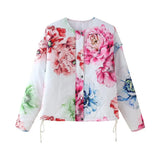Summer Women's Retro Loose-Fitting Round-Neck Long-Sleeved Flower Print Drawstring Cotton