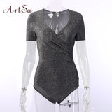 Sparkle Tops BlingBling Short Sleeve Bodysuit Crop Tops Women Bodycon Party Club Body Suit Glitter Top