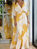 Print Maxi Dress Half Sleeve V Neck Elegant Long Dress Fashion Loose Hem A Line Party Dresses Yellow Print-Outfit