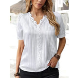 Summer Hollow Out Short Sleeve Tops Office V-neck Blouse Women Lace Mujer Loose Ladies Simple Casual Shirts Elegant