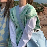 Style Sweater Vest Women Clothing Fashion Sweet Sleeveless Tanks Casual Plaid Waistcoat 2023 Ropa Mujer Oversized Tops-Outfit