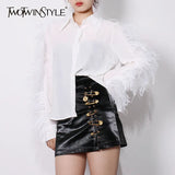 Casual White Chic Shirt For Women Lapel Long Sleeve Patchwork Feather Shirts Female Fashion New Clothing