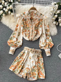 Fashion Spring Runway 2 Piece Sets For Women Turn Down Collar Floral Print Blouse And Shorts Suit Office Lady Outfits