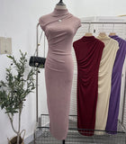 Unique Dress With Thin Folds And Hips High-Collar After The Opening Of The Fork Dress