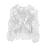 Straight Cut Out Shirt For Women Round Neck Long Sleeve Ruffle Trim Solid Blouses Female Clothing Style New
