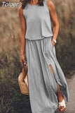 Summer Women Loose Sleeveless Long Dress Solid Color O Neck Slit Vestidos Midi Elegante Branco Office Lady