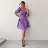 Women's New Temperament Square Collar Short Sleeve High Waist Thin Dress