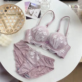 Romantic Lavender Lace Embroidery Underwear Women Sexy Push Up Bra Set Comfortable Wireless Thicken B Cup