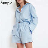 Casual Women Summer Long Sleeve Blouse Tracksuit Shorts Set Loose Tops And High Waisted Mini Shorts Two Piece Set