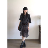 Collar Five-Sleeved T-Shirt Top Women Irregular Check-In Half Dress Korean