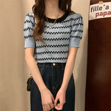 Ice Silk Striped Knitted Short-Sleeved T-Shirt For Women's 2025 Summer New High-Waisted Loose Bubble Sleeve Short