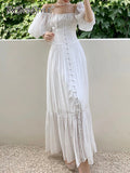 Elegant White Dress For Women Square Collar Puff Sleeve High Waist Solid Loose Midi Dresses Female Clothing