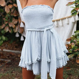 White Summer Short Dress Women Off Shoulder Pleated Belted Chic Sexy Dresses Linen Fit and Flare Mini Dress