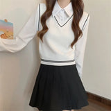New College Style With Long-Sleeved Shirt Women's Short Splicing Fake Two Knitted Vest Tops Women's