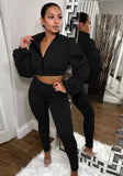 Puff Sleeve Zipped Crop Top and Matching Pants 2PC