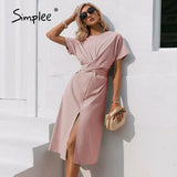 Party Cotton knotted straight women dress Casual O neck chic split dress Elegant green loose short sleeve ladies midi