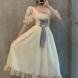 French Retro Dress Women Designer Sweet Cute Lace-up Fairy Midi Dress Female Elegant Outdoor Solid Korean Dress 2021