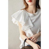 Amorous Feelings ~ Irregular Lotus Leaf Edge Design Round Collar Pure Cotton T-Shirt Short-Sleeved Shirt Girl EGTX46512-Outfit