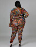 Print Party Sexy Knotted Crop Top and Pants Plus Size Two Piece