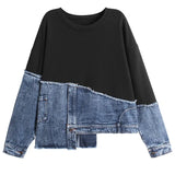 Loose Fit Denim Irregular Sweatshirt New Round Neck Long Sleeve Women Big Size Fashion Tide Spring Autumn 2023 1DE6103 703-1-Outfit