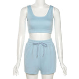 Sportswear High Waist Two Piece Sets Women Casual Crop Top & Drawstring Shorts Matching Set 2021 Summer Athleisure