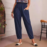 Four-Season Cotton Nine-Point Trousers Loose Waist Slacks Slant Pocket Trousers