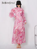 Spring Print Dress For Women Lapel Long Sleeve High Waist Colorblock Midi Dresses Female Fashion Clothing Style