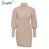 Party Turtleneck long cable knitted women pullover sweater dress Vintage autumn winter lantern sleeve female outwear