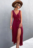 Romantic V-neck Sleeveless Solid Belted A-line Holiday