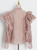 Solid Casual Shirt For Women Bow Collar Butterfly Sleeve Patchwork Buttons Loose Shirts Female 2022 Autumn
