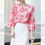 Goddess Pink Pink Imitation Silk Printed Seven-Cent Lotus Leaf Sleeve Round Collar Loose Blouse-Outfit