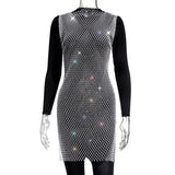Toloer Women's Mesh Flash Diamond Round Collar Dress