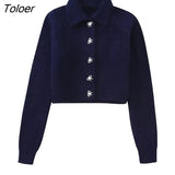 Women Sweet Diamond Bow Button Solid Short Knitting Sweater Female Chic Turn Down Collar Casual Cardigan Coat Tops