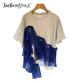 Black Casual Patchwork Ruffle T Shirt For Women O Neck Short Sleeve Irregular Straight T Shirts Female 2021