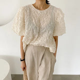 Short Sleeve Pleated Blouse Women Korean New Puff Sleeve Simple O Neck Shirt Fashion Loose Casual Top Blusas Mujer