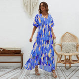 Summer New Elegant Dress V-Neck Print High-Waisted Loose Swing Short-Sleeved Dress