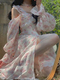 Floral Sweet Dress Women Summer Print Elegant Party Midi Dresses Chiffon Lace Split Casual Holiday Korean Dress 2022