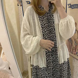 Women White Knitting Elegant Japanese Style Lantern Sleeve Lace Up Sun-proof Loose All-match Female Outerwear